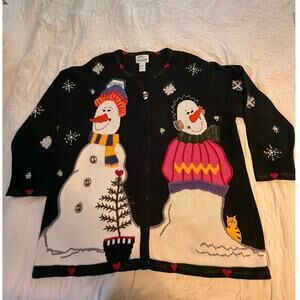 Quacker Factory Snowman Cardigan Womens 1X Christmas Cat Sweater w Button Cover